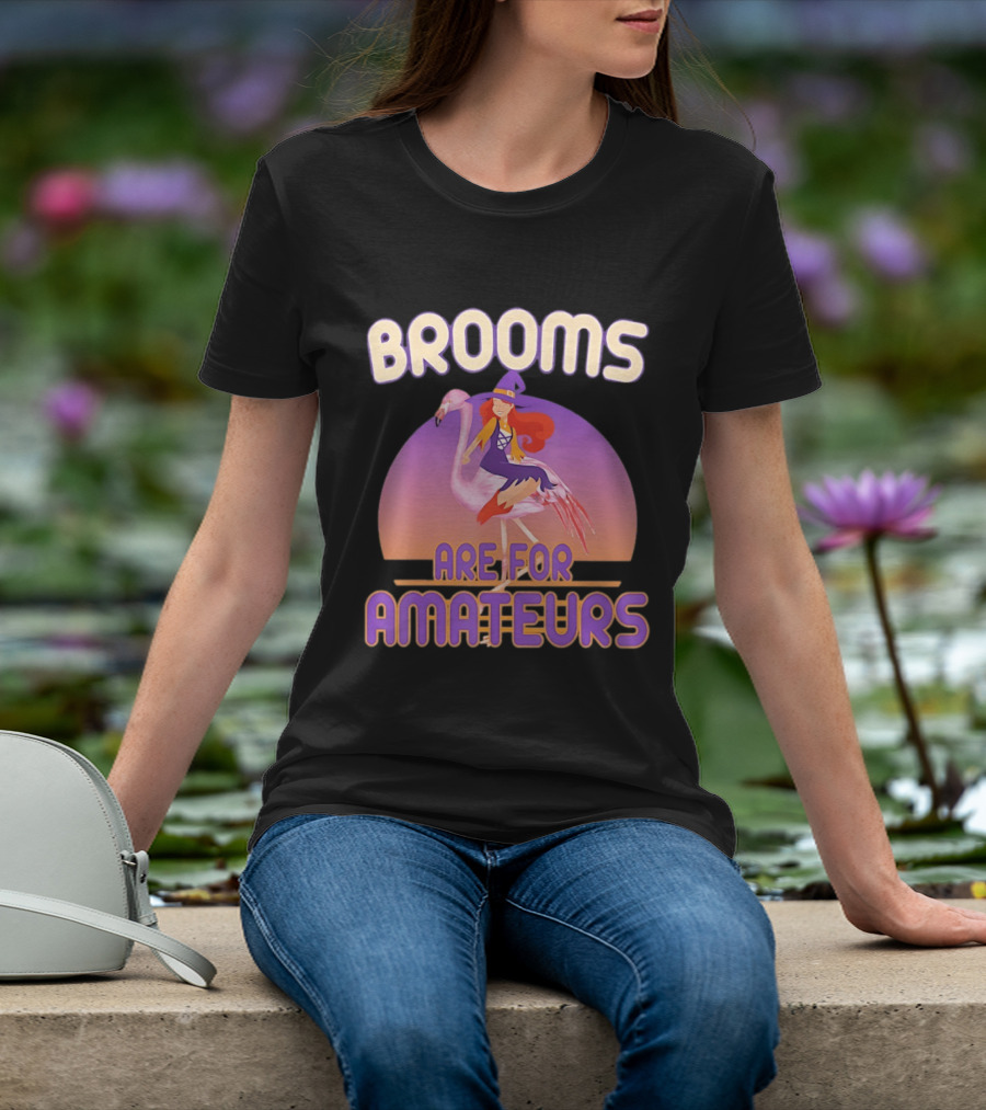 Brooms Are For Amateurs Witch Riding Flamingo T-Shirt