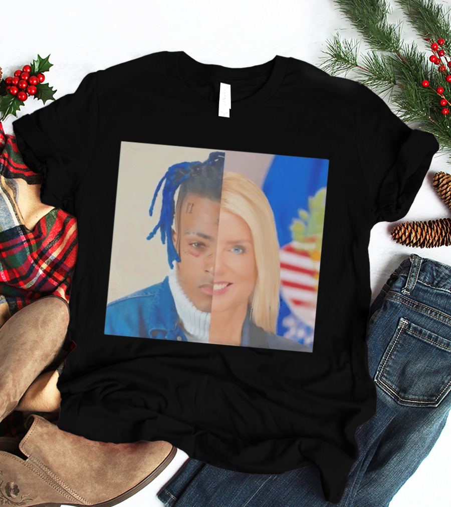 XXXTentacion Pam Bondi Split Image Face Half Blue Dreads Tattoos American Flag T-Shirt