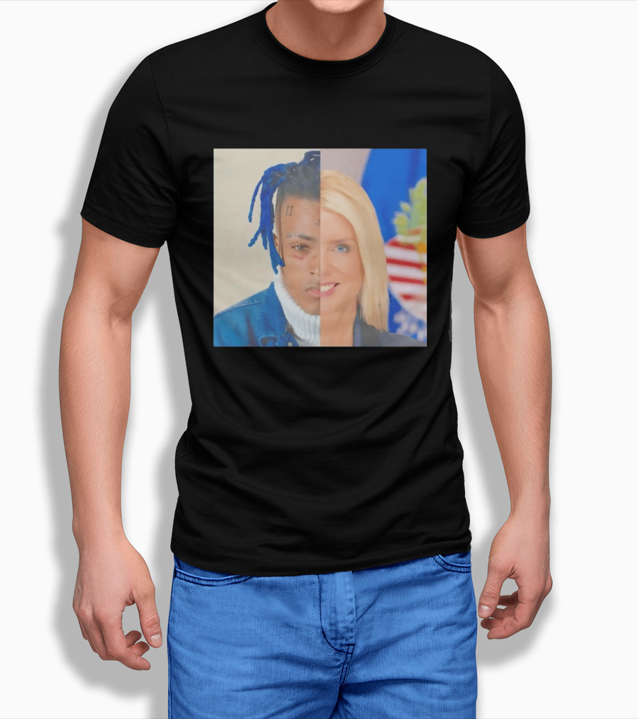 XXXTentacion Pam Bondi Split Image Face Half Blue Dreads Tattoos American Flag T-Shirt