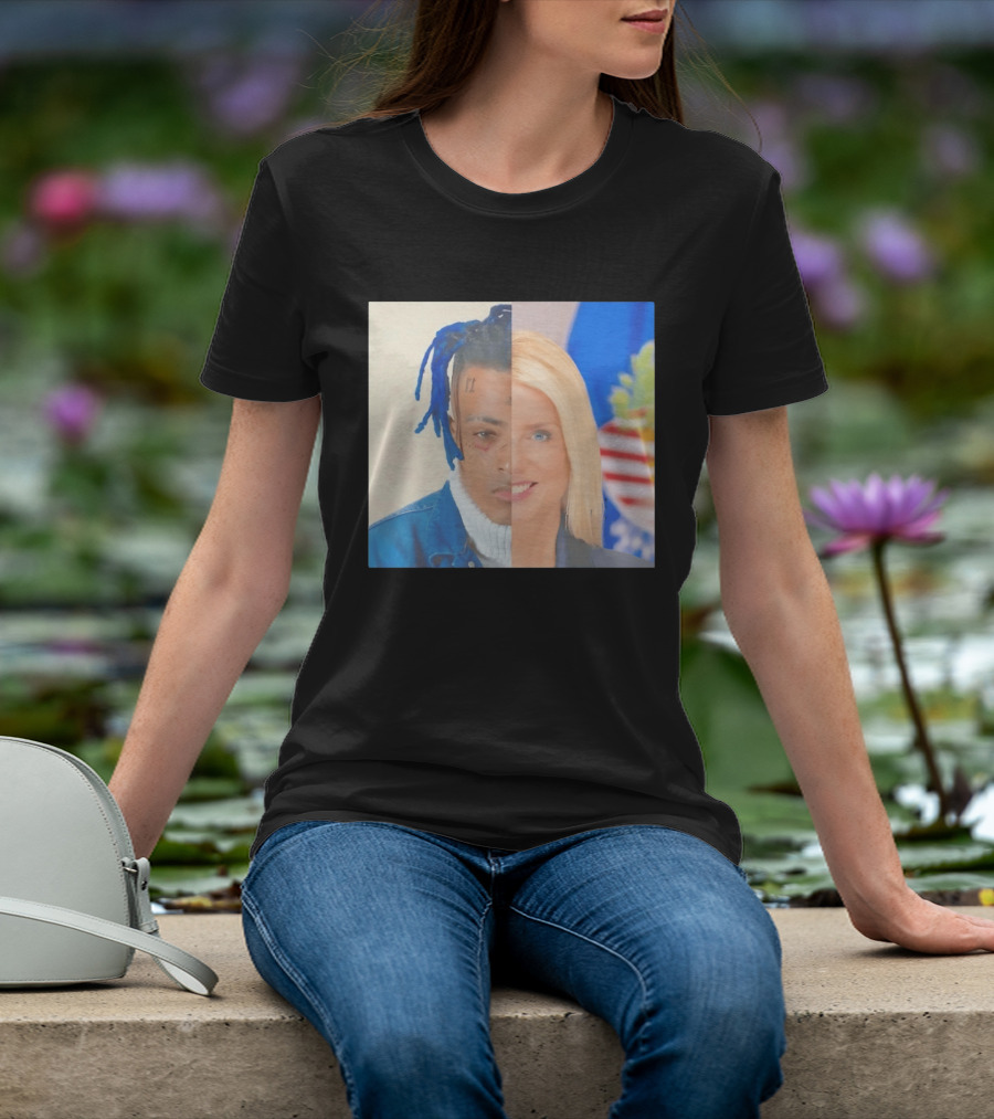 XXXTentacion Pam Bondi Split Image Face Half Blue Dreads Tattoos American Flag T-Shirt