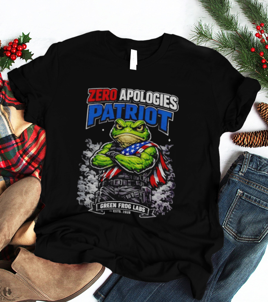Zero Apologies Patriot Green Frog Labs Estd 2025 American Flag Frog T-Shirt