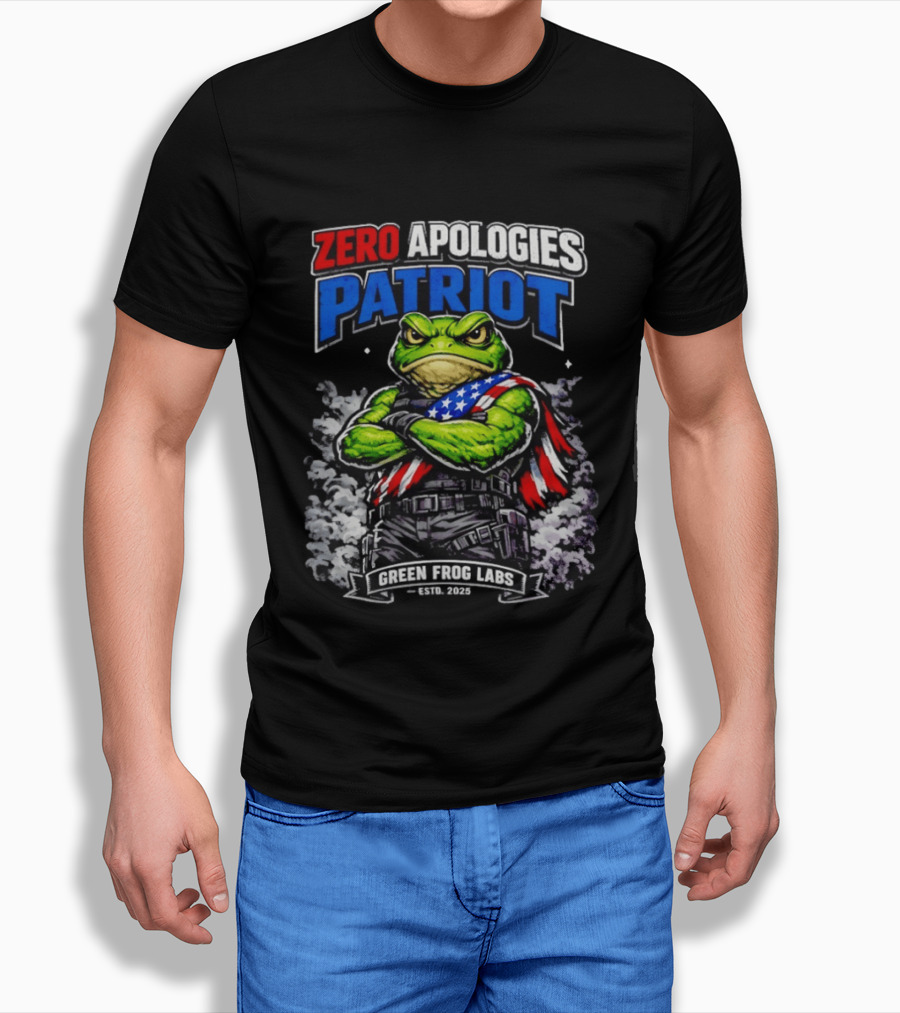 Zero Apologies Patriot Green Frog Labs Estd 2025 American Flag Frog T-Shirt