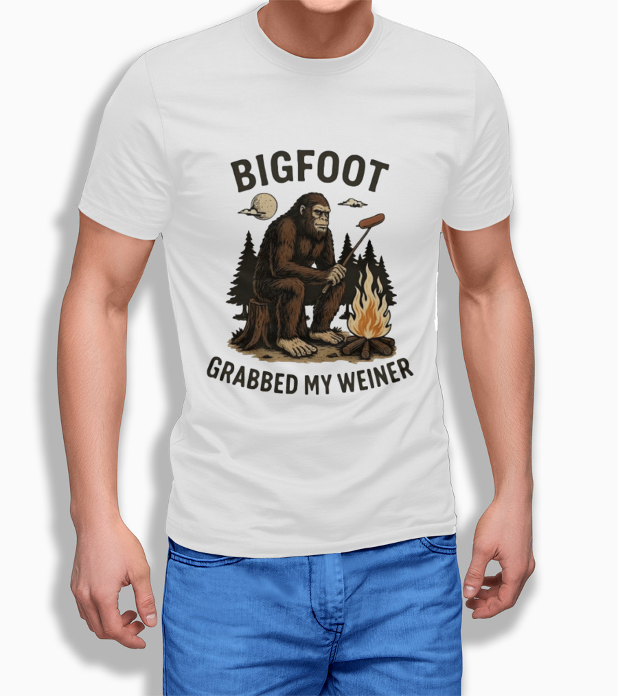 Bigfoot Grabbing My Weiner Campfire Sausage Grilling Moonlit Forest T-Shirt