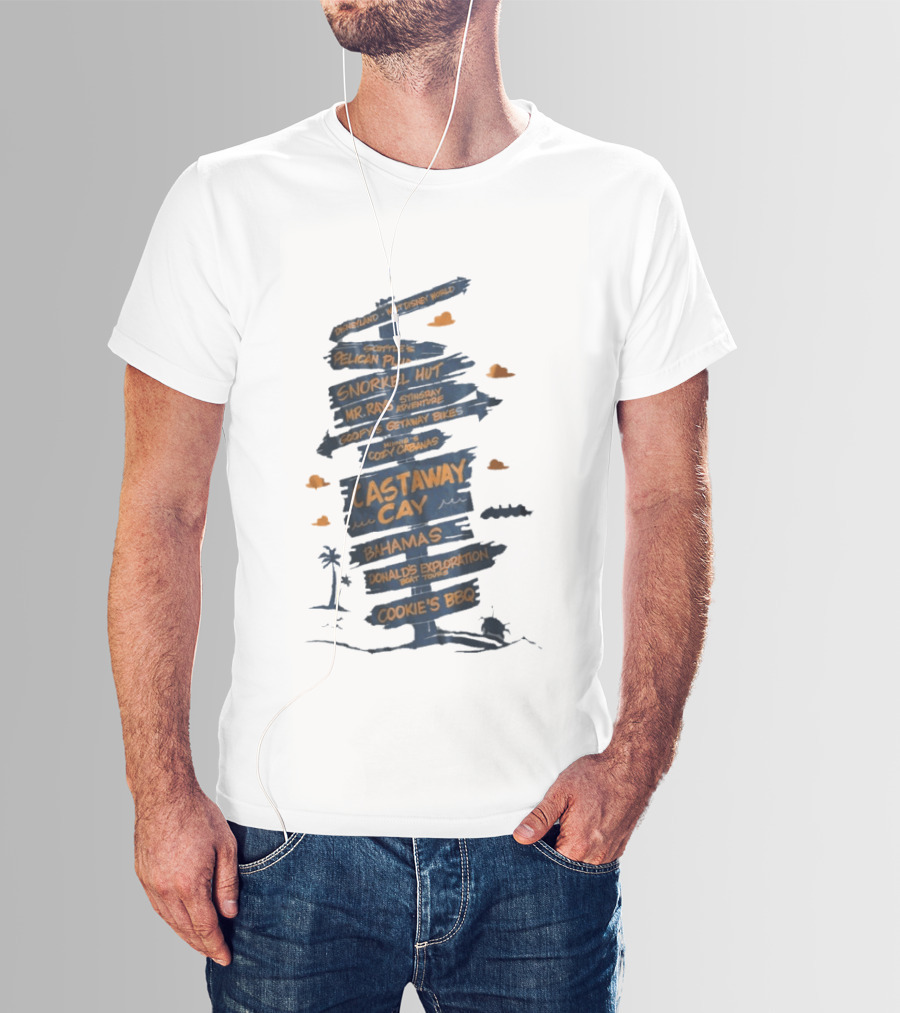 Castaway Cay Bahamas Adventure Signpost Donald's Boat Tours Cookie's BBQ T-Shirt