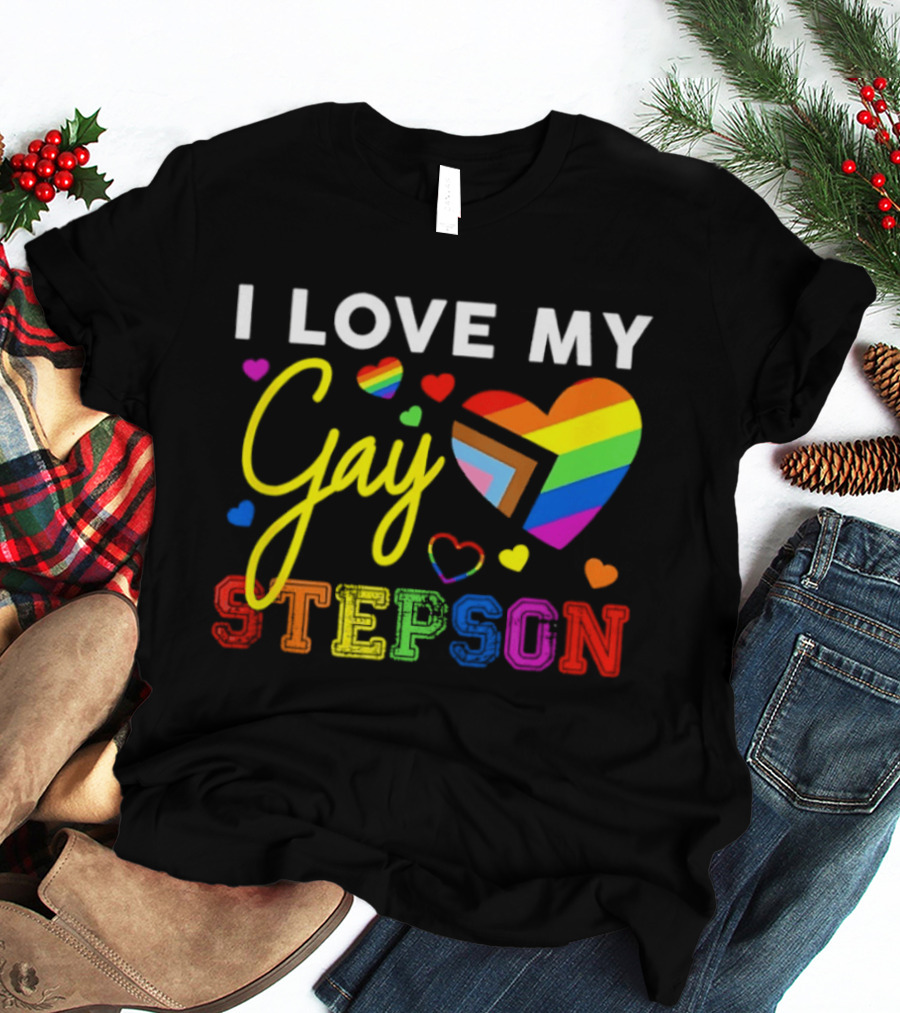 I Love My Gay Stepson LGBT Pride Rainbow Heart T-Shirt