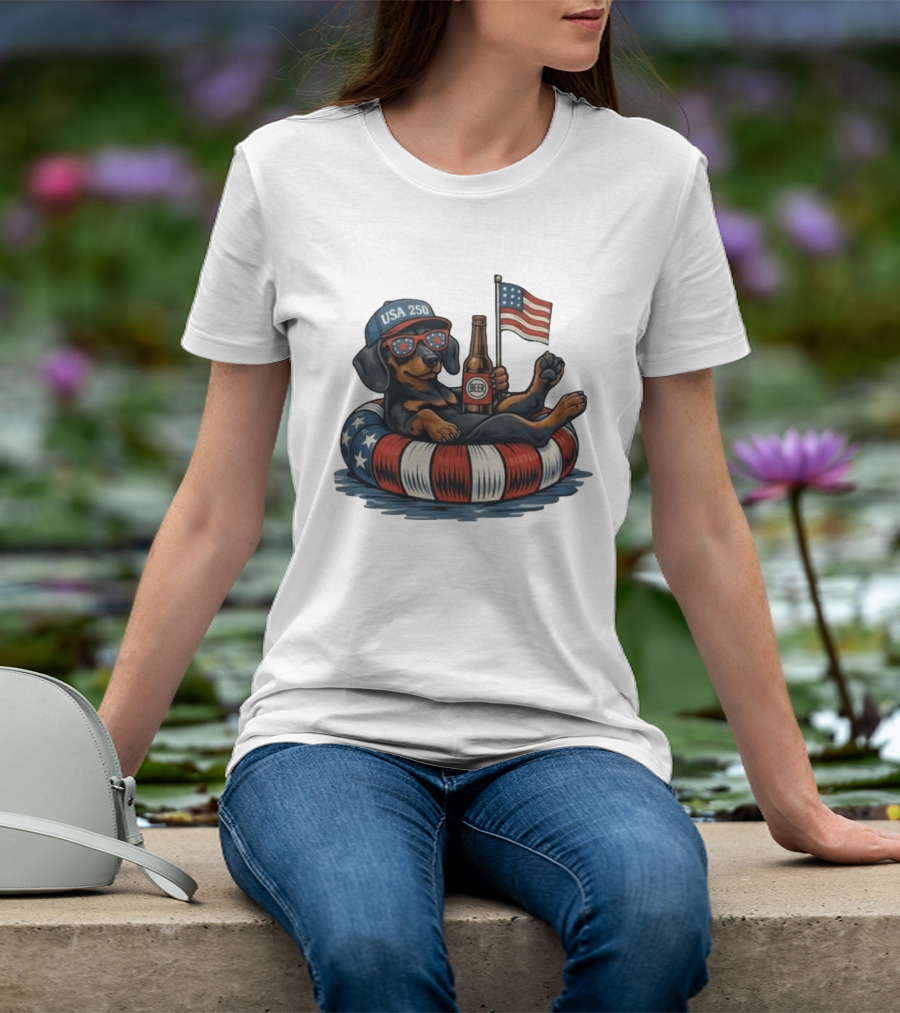 USA 250 Dachshund Floating With American Flag And Beer T-Shirt