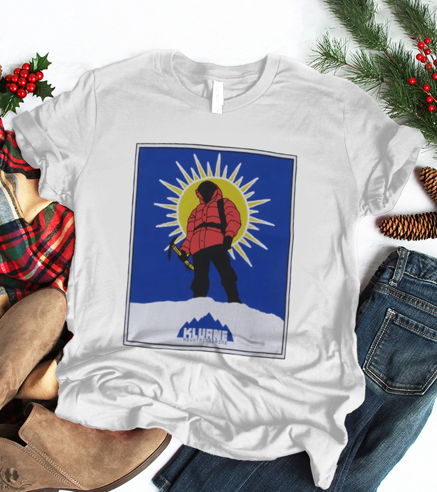 Kluane Mountaineering Hiker In Red Parka With Sunburst And Ice Axe T-Shirt