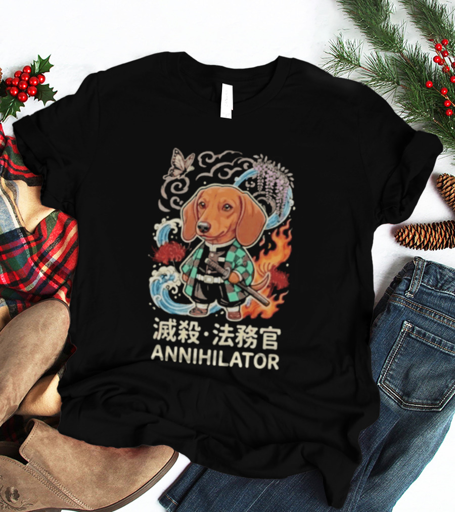 Annihilator Dachshund Kimono Kanji Flame Water Sword Butterfly T-Shirt