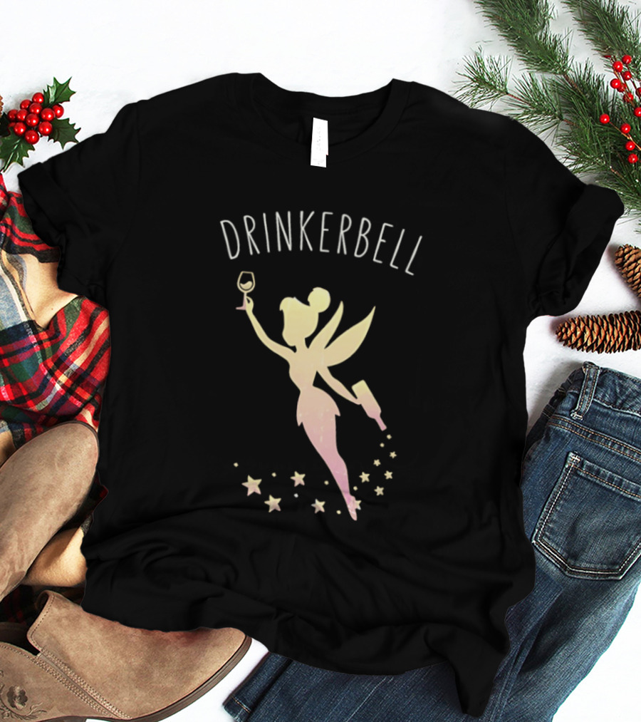 DRINKERBELL Fairy Holding Wine Glass And Bottle With Star Magic T-Shirt