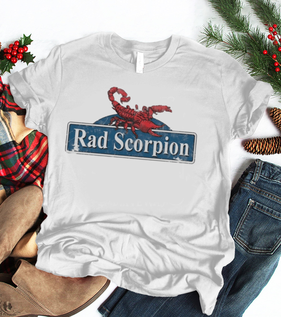Rad Scorpion Retro Style Distressed Blue Street Sign With Red Scorpion T-Shirt