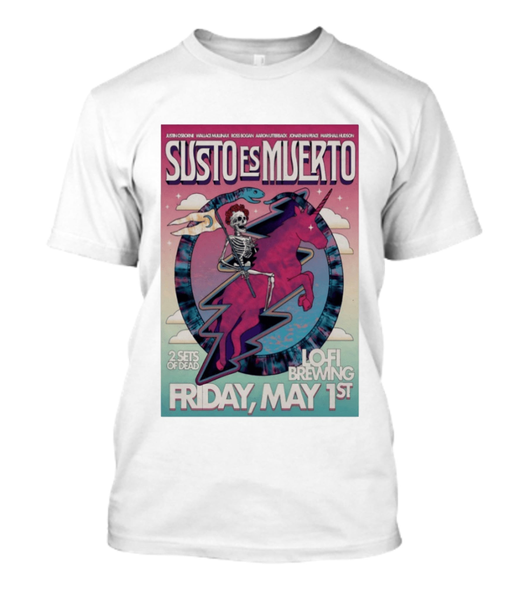 Susto Es Muerto Lofi Brewing May 1st Skeleton Riding Pegasus T-Shirt