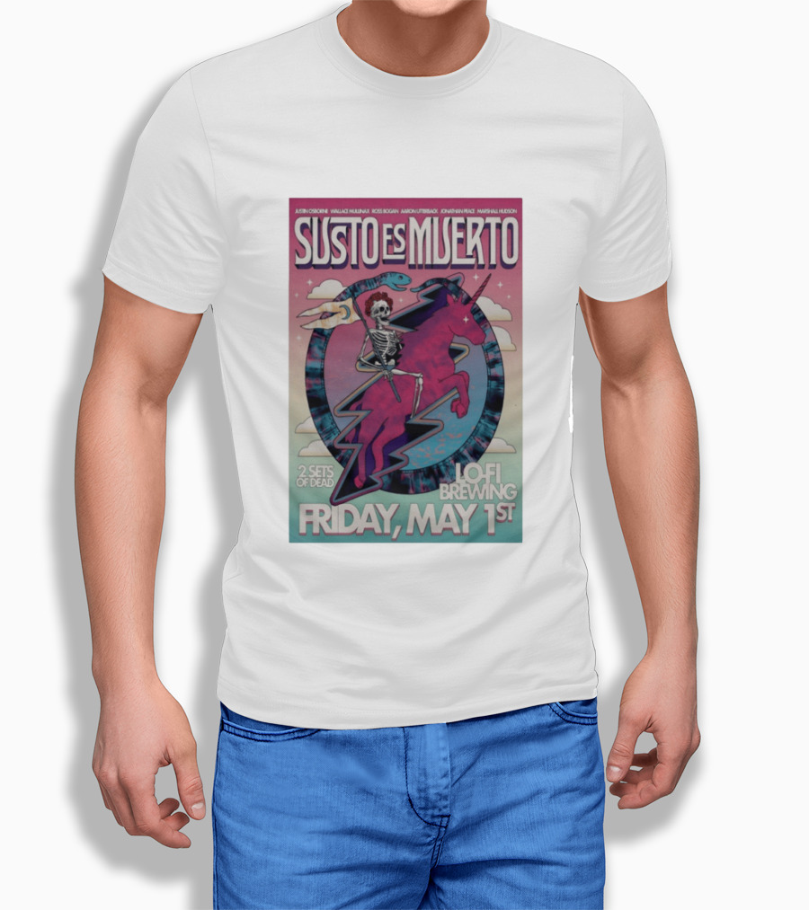Susto Es Muerto Lofi Brewing May 1st Skeleton Riding Pegasus T-Shirt
