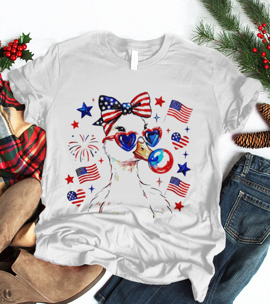 Preppy Patriotic Goose Coquette Fourth Of July With Stars And Stripes Sunglasses And Bow Tie T-Shirt