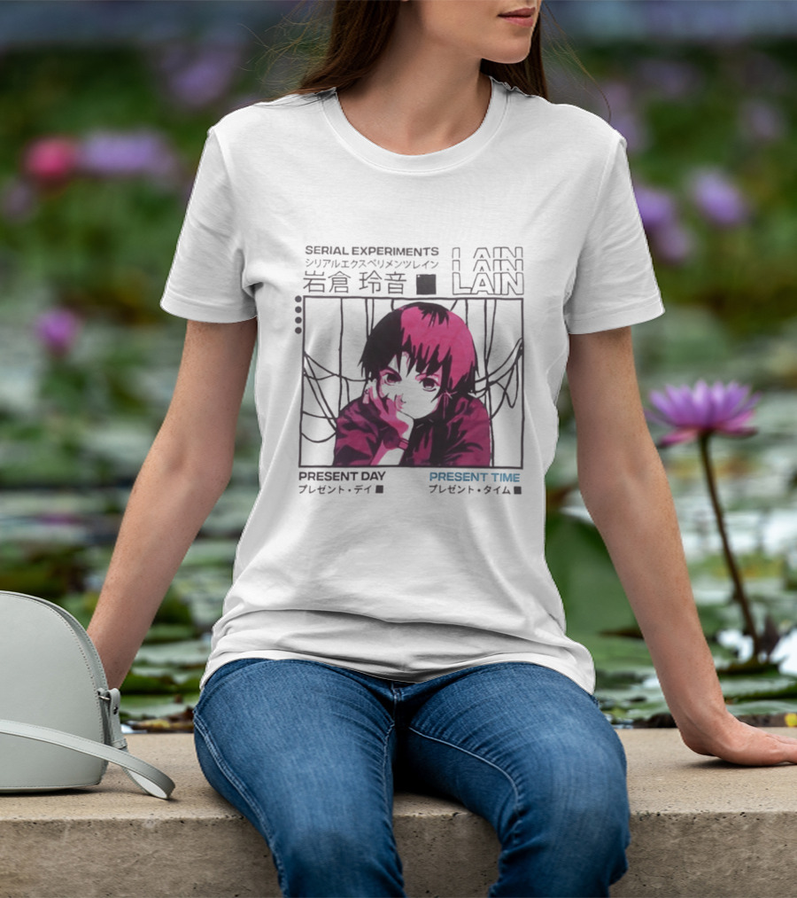 Serial Experiments Lain Present Day Present Time Japanese Text Retro Aesthetic T-Shirt