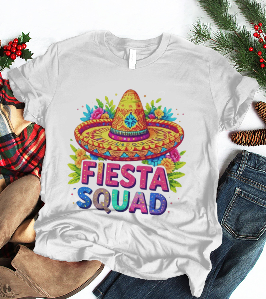 Fiesta Squad Colorful Sombrero And Flowers Cinco De Mayo Celebration T-Shirt