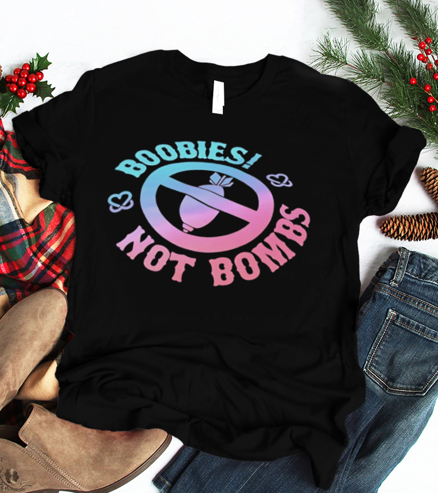 Boobies Not Bombs Peace Symbol Pastel Colors Clouds T-Shirt