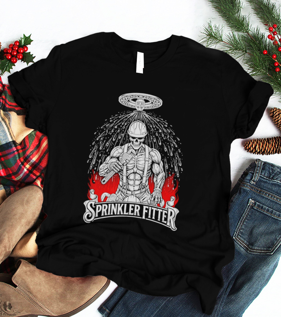 Skeleton Sprinkler Fitter With Fiery T-Shirt
