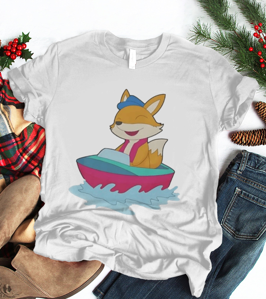Cheerful Fox Sailing In Colorful Boat With Blue Hat And Pink Life Vest T-Shirt