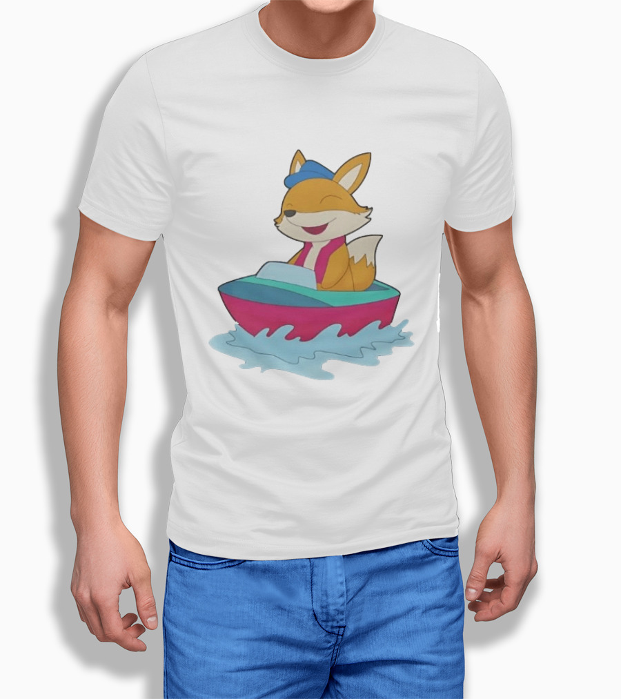 Cheerful Fox Sailing In Colorful Boat With Blue Hat And Pink Life Vest T-Shirt
