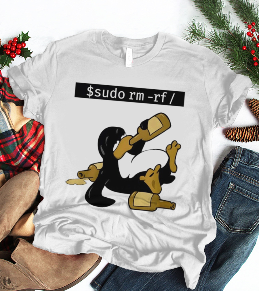 Penguin Linux Tux Drunk Sudo Rm Rf Command Bottles T-Shirt