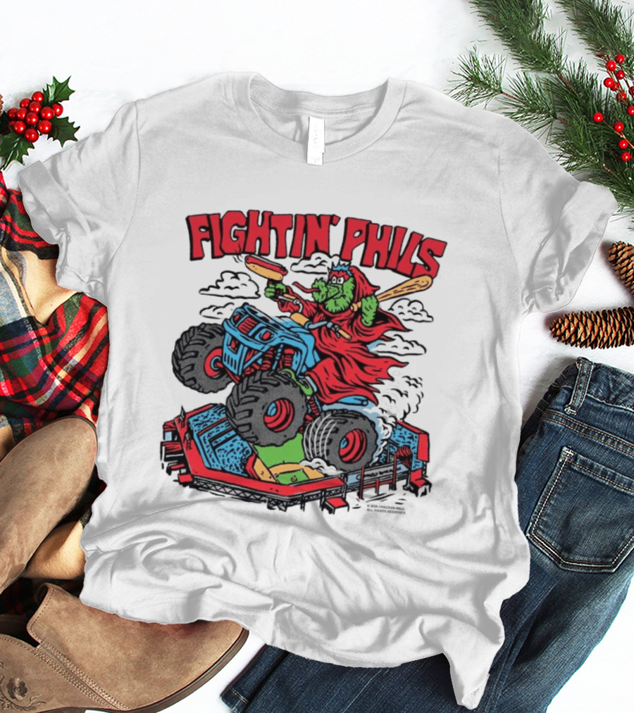 Fightin' Phils Monster Truck Creature Riding Over Baseball Stadium With Bats T-Shirt