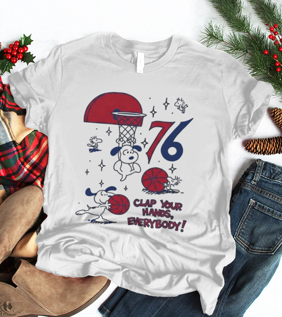 Snoopy Philadelphia 76ers Clap Your Hands Everybody Basketball Theme With Red And Blue T-Shirt