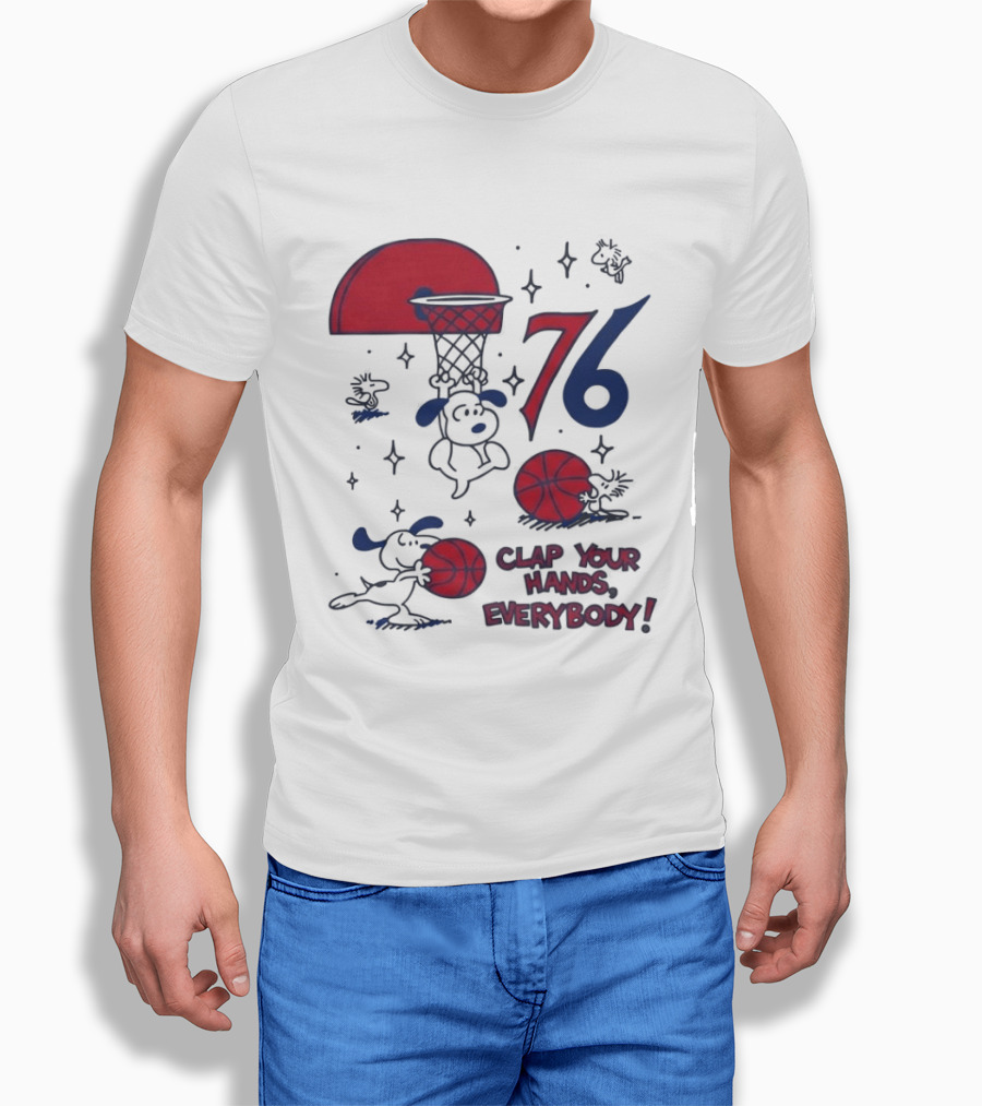 Snoopy Philadelphia 76ers Clap Your Hands Everybody Basketball Theme With Red And Blue T-Shirt