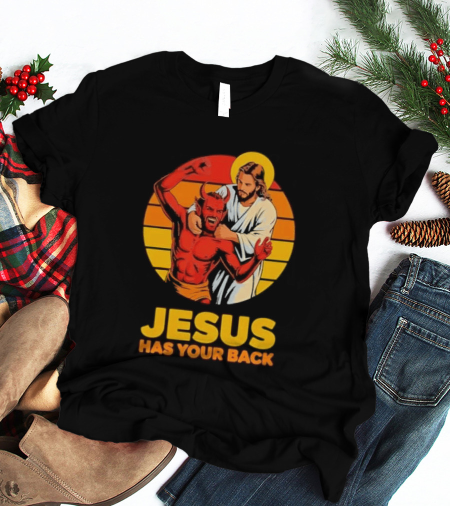 Jesus Has Your Back Vintage Illustration With Devil And Halo Symbolism T-Shirt