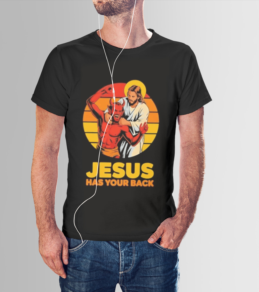 Jesus Has Your Back Vintage Illustration With Devil And Halo Symbolism T-Shirt