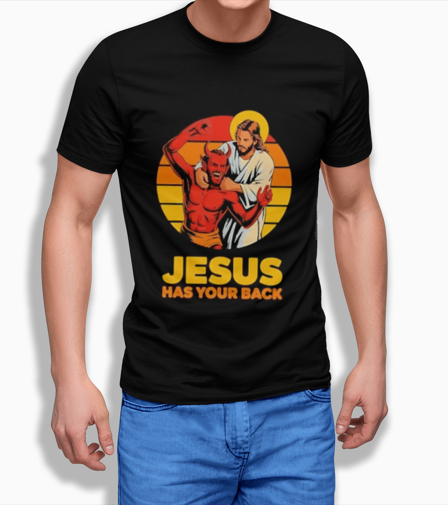 Jesus Has Your Back Vintage Illustration With Devil And Halo Symbolism T-Shirt