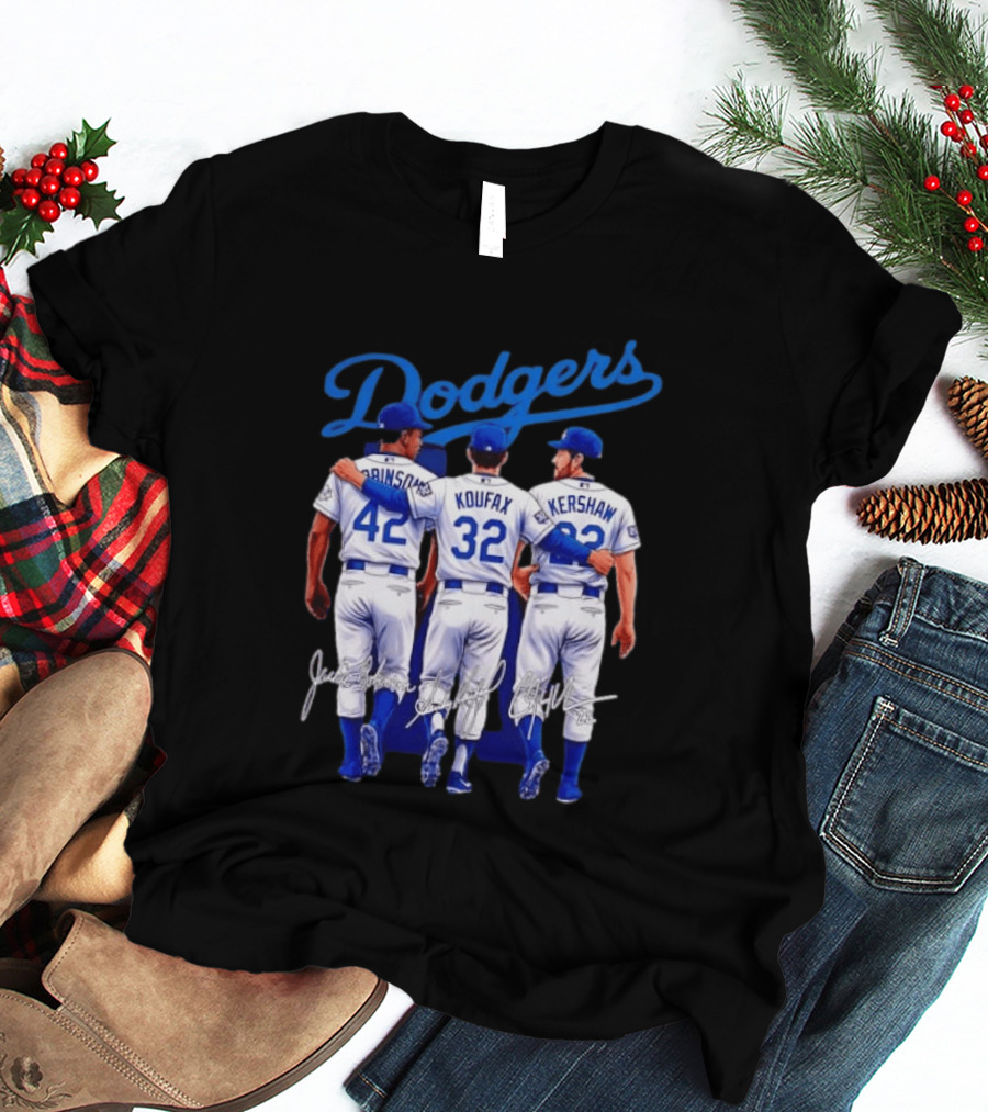 Los Angeles Dodgers Legendary Trio Jackie Robinson Sandy Koufax Clayton Kershaw Signatures T-Shirt