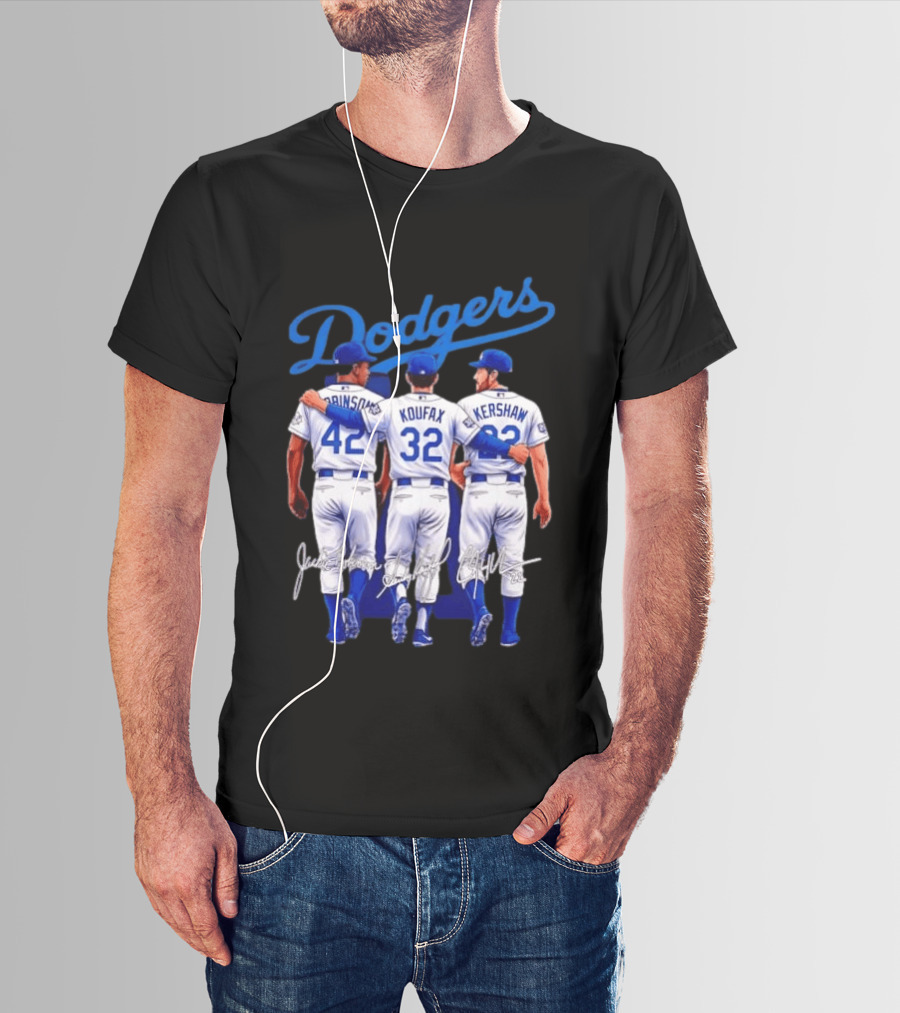 Los Angeles Dodgers Legendary Trio Jackie Robinson Sandy Koufax Clayton Kershaw Signatures T-Shirt