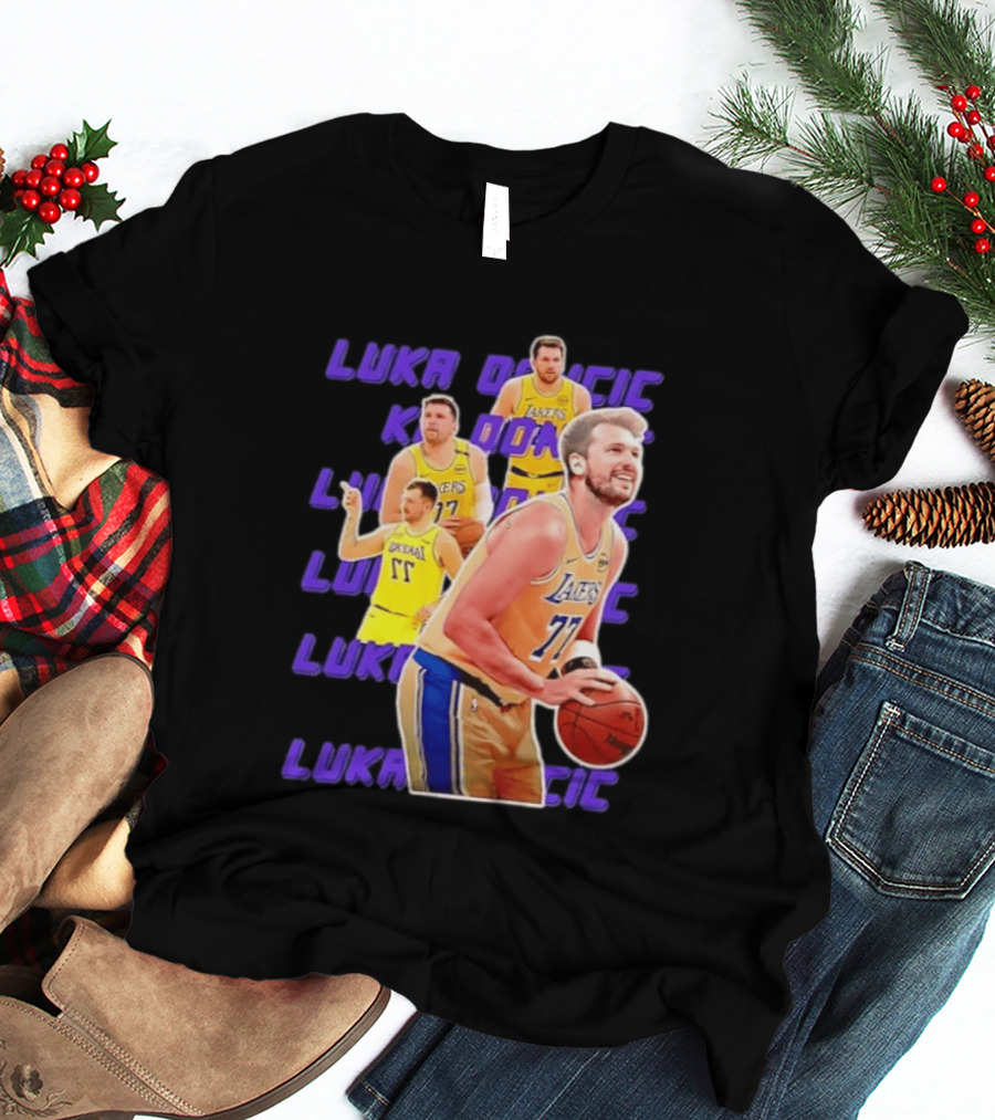 Luka Doncic Lakers 77 Action Shot Multiple Pose Purple Basketball Display T-Shirt