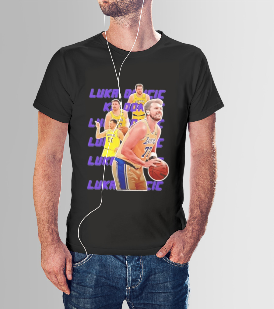 Luka Doncic Lakers 77 Action Shot Multiple Pose Purple Basketball Display T-Shirt