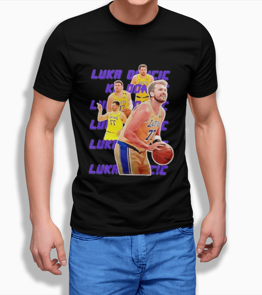 Luka Doncic Lakers 77 Action Shot Multiple Pose Purple Basketball Display T-Shirt