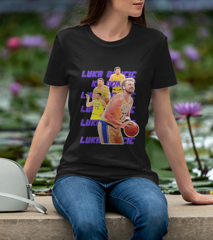 Luka Doncic Lakers 77 Action Shot Multiple Pose Purple Basketball Display T-Shirt