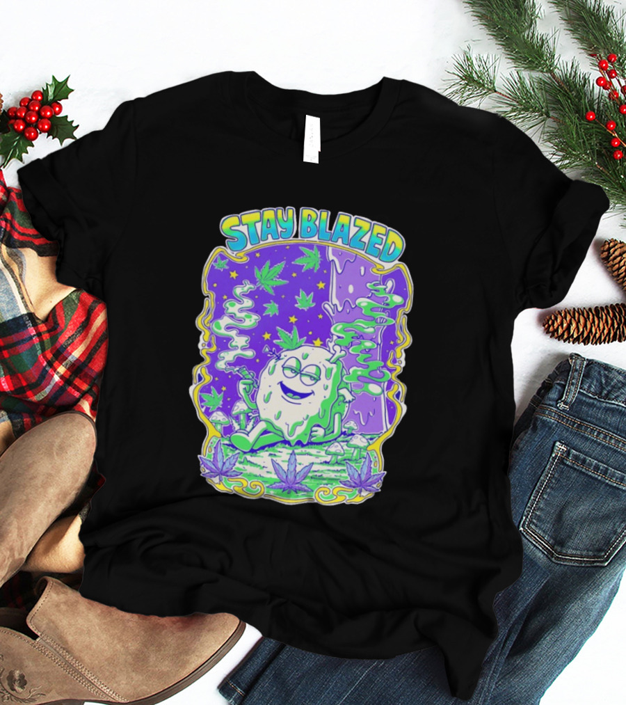 Stay Blazed Trippy Cannabis Character Psychedelic Art Leafs And Mushrooms T-Shirt