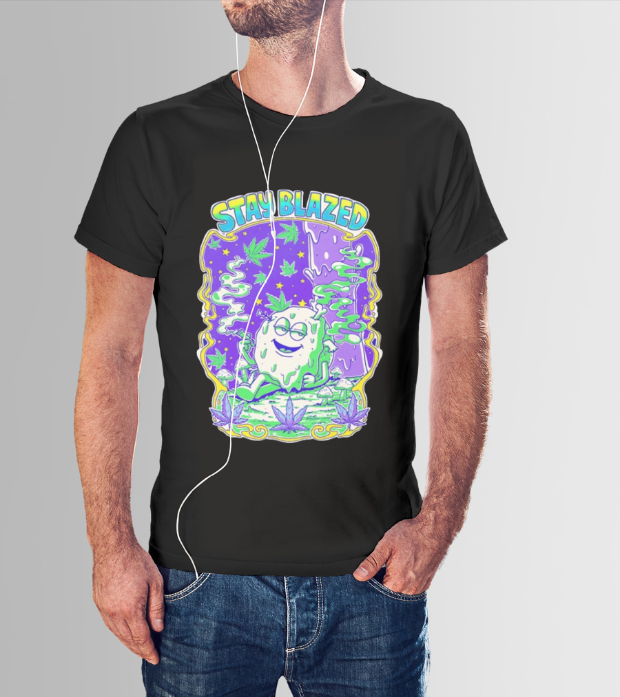 Stay Blazed Trippy Cannabis Character Psychedelic Art Leafs And Mushrooms T-Shirt