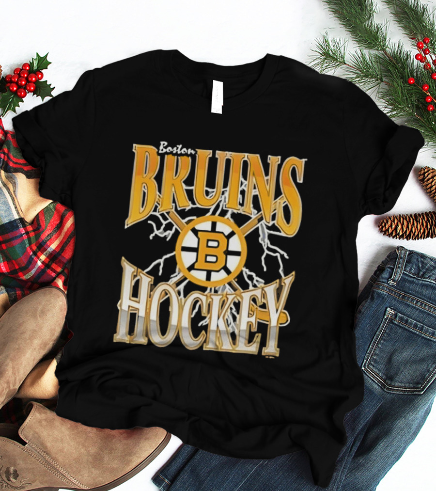 Boston Bruins Hockey B Logo Crossed Sticks Lightning T-Shirt