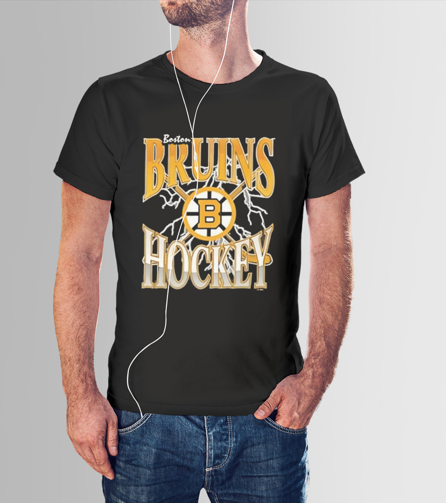 Boston Bruins Hockey B Logo Crossed Sticks Lightning T-Shirt