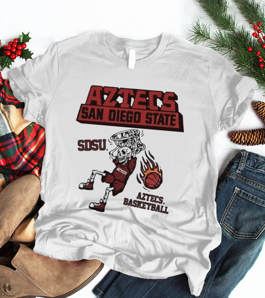 Aztecs San Diego State SDSU Skeleton Dunking Flaming Basketball T-Shirt