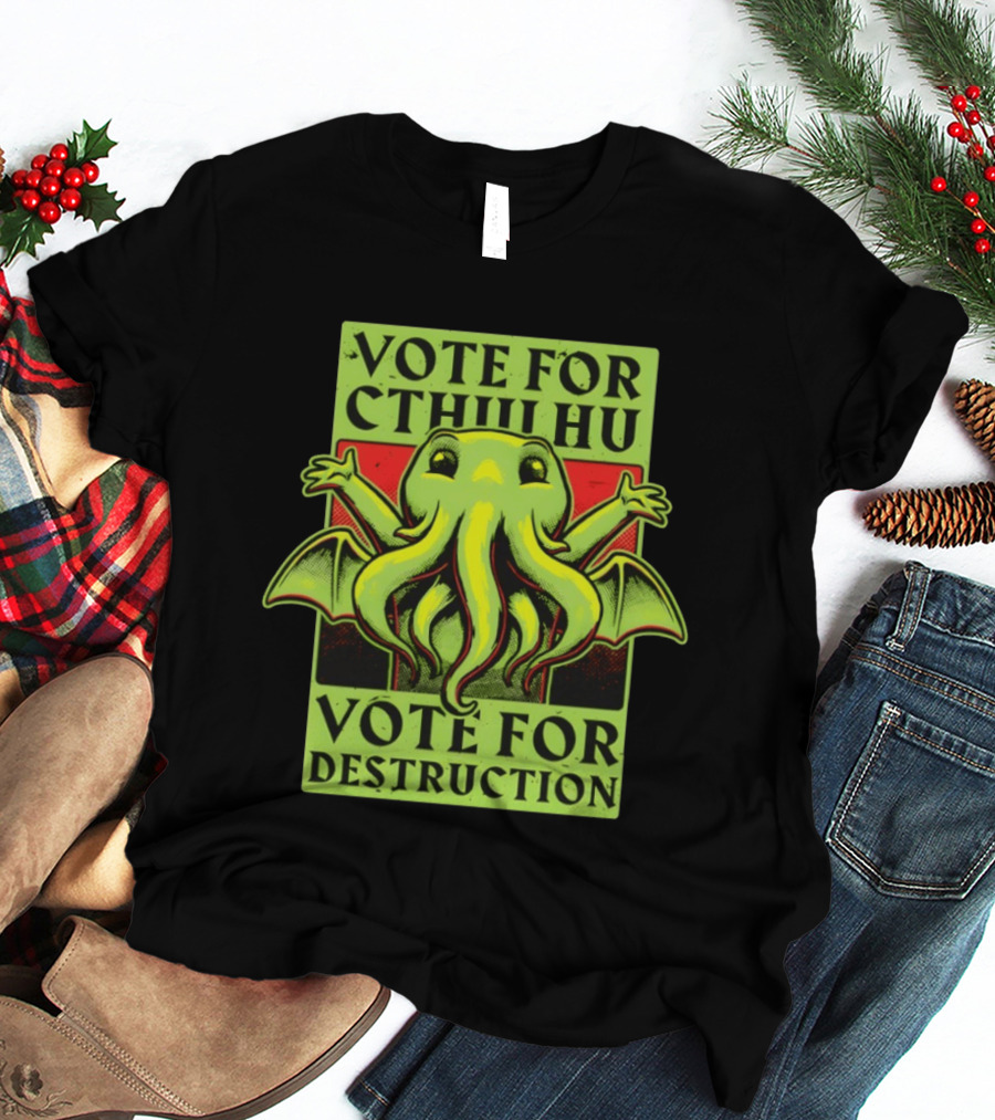 Vote For Cthulhu For Destruction Cartoon Alien Creature With Tentacles And Wings T-Shirt