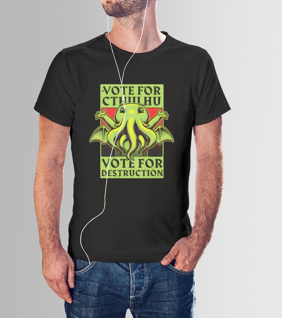 Vote For Cthulhu For Destruction Cartoon Alien Creature With Tentacles And Wings T-Shirt