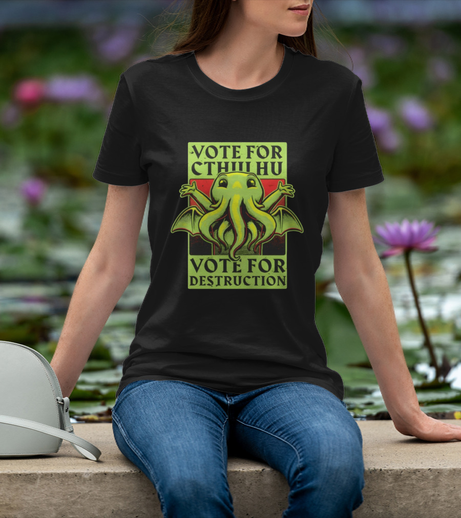 Vote For Cthulhu For Destruction Cartoon Alien Creature With Tentacles And Wings T-Shirt