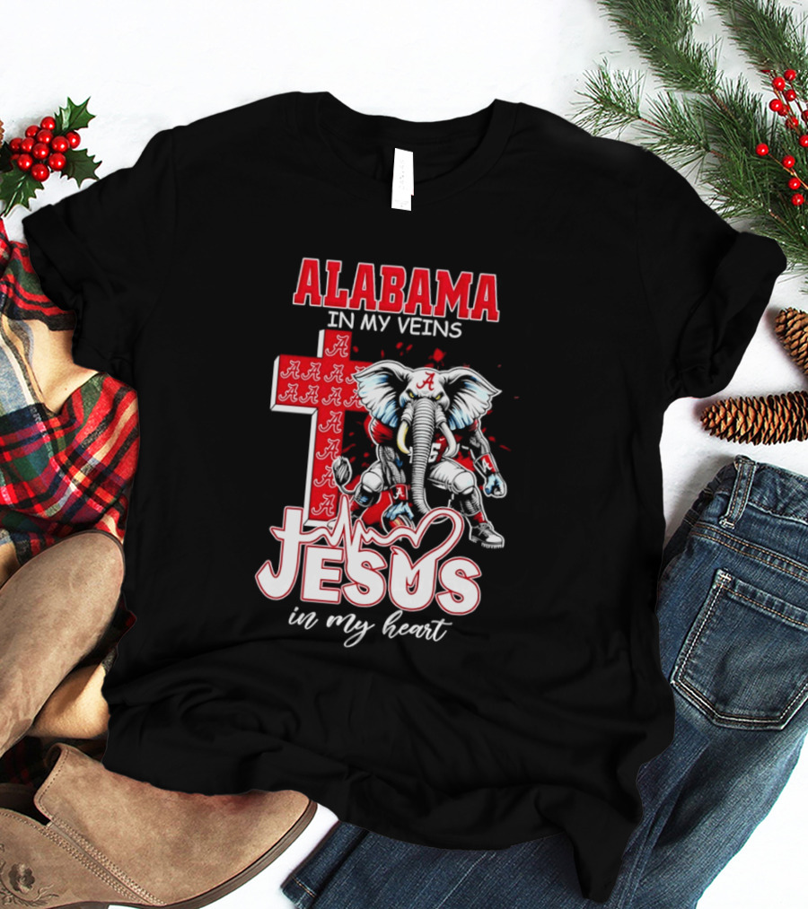 Alabama Crimson Tide In My Veins Jesus In My Heart Elephant Cross T-Shirt