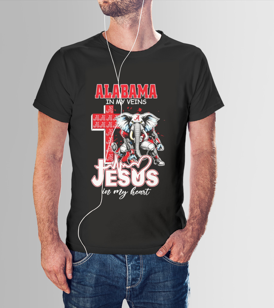Alabama Crimson Tide In My Veins Jesus In My Heart Elephant Cross T-Shirt