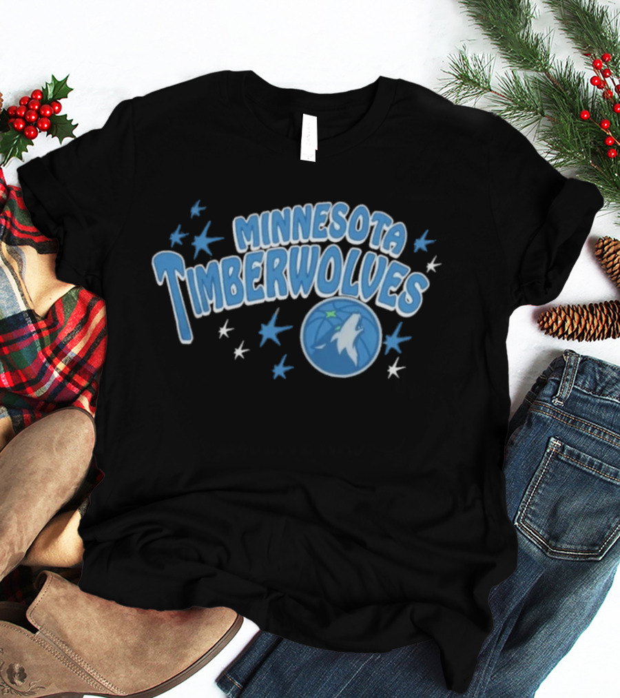 Minnesota Timberwolves Starter Black Fireworks Starry Blue Basketball Wolf T-Shirt