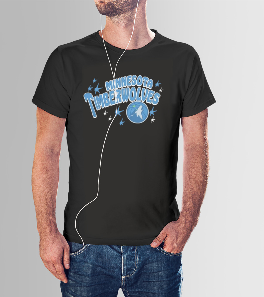 Minnesota Timberwolves Starter Black Fireworks Starry Blue Basketball Wolf T-Shirt