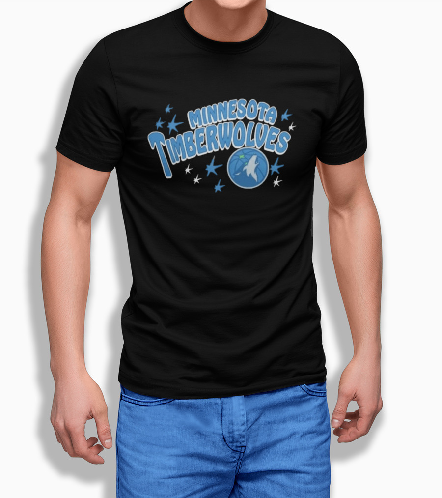 Minnesota Timberwolves Starter Black Fireworks Starry Blue Basketball Wolf T-Shirt