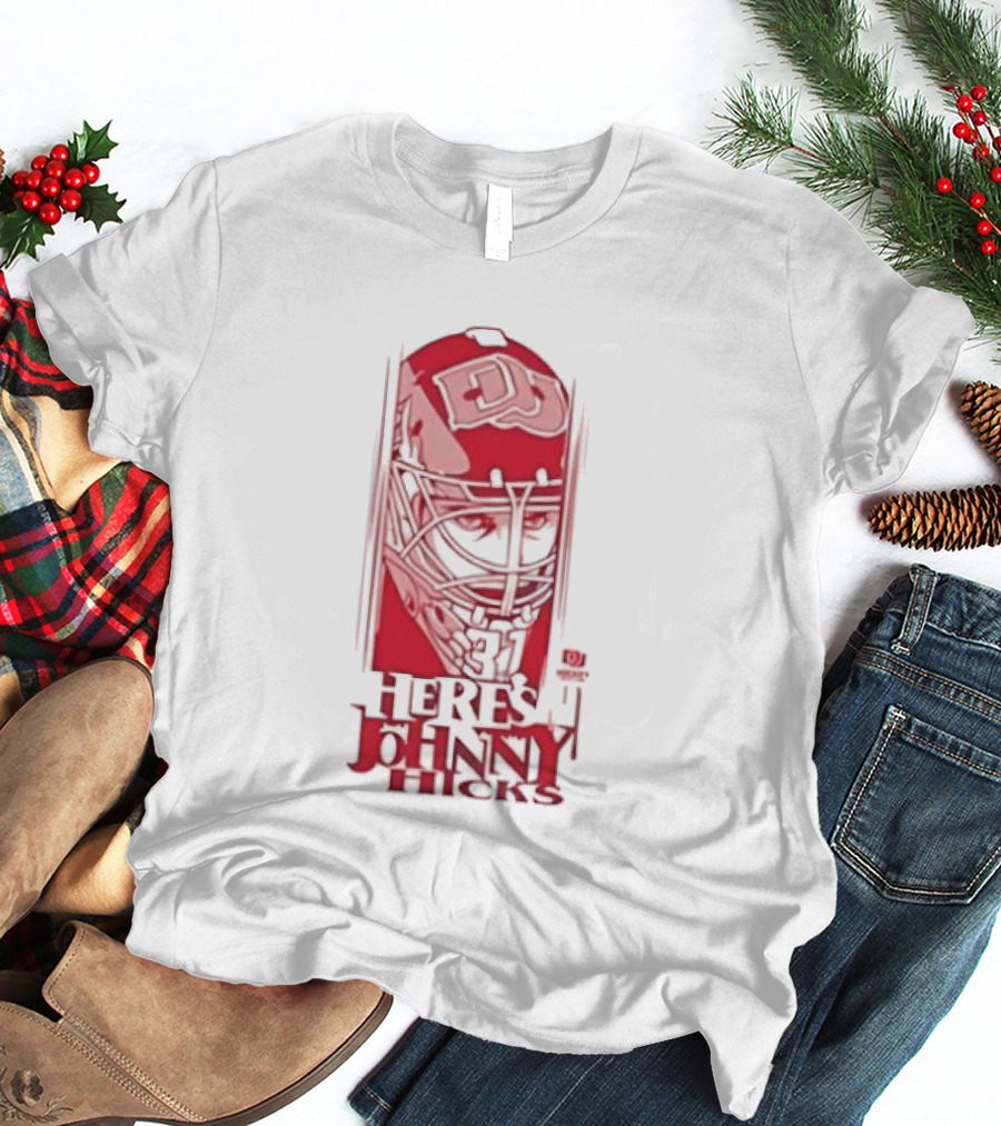 Here's Johnny Hicks Denver Pioneers Men's Ice Hockey Mask DJ T-Shirt